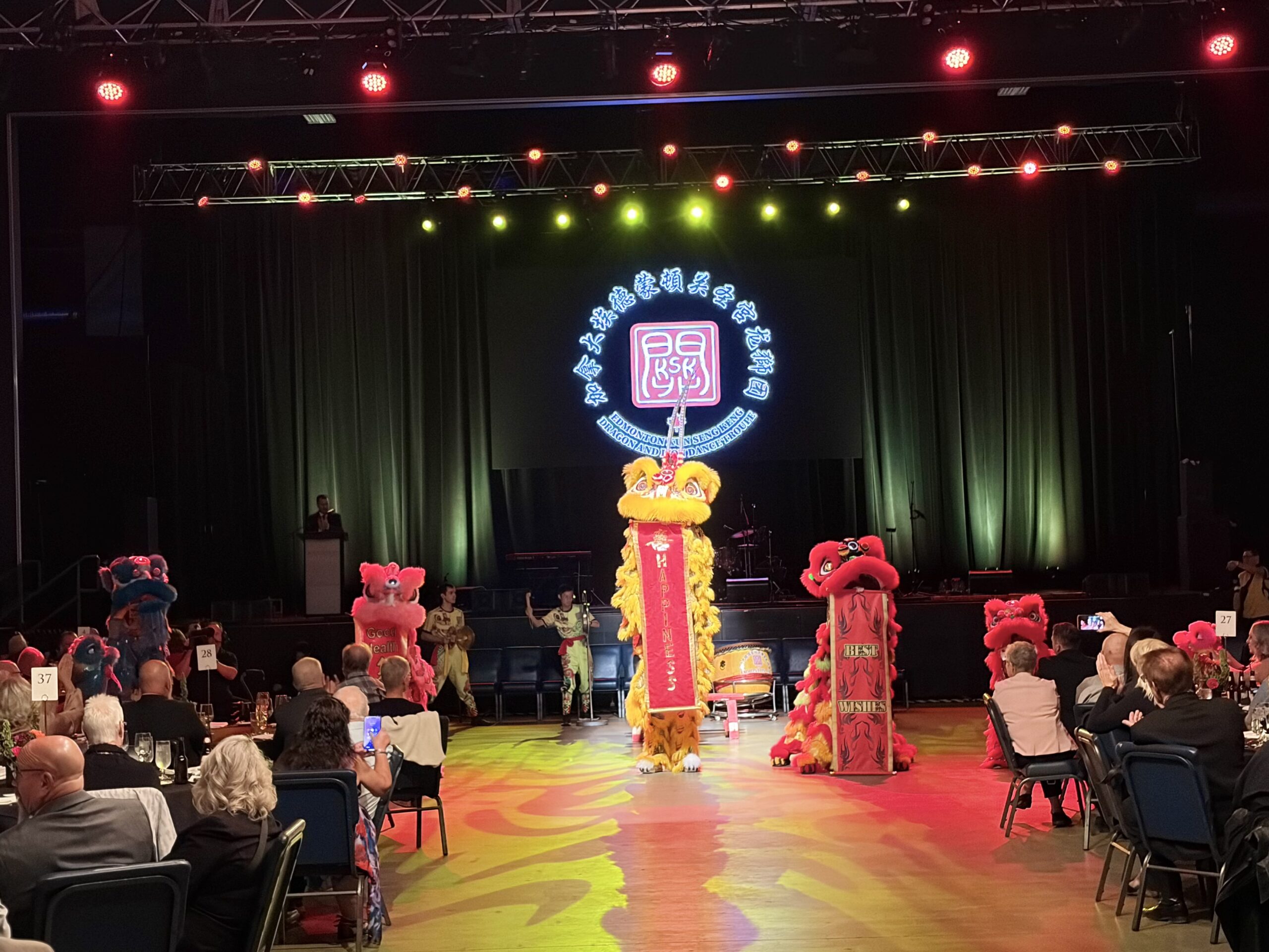 5 Chinese lions, a small blue lion, a small pink lion holding a scroll, a big orange and yellow lion holding a scroll that says happiness, a big red and green lion holding a scroll that says best wishes, and another small pink lion performing in front of a crowd. A cymbal and gong player are in the background.